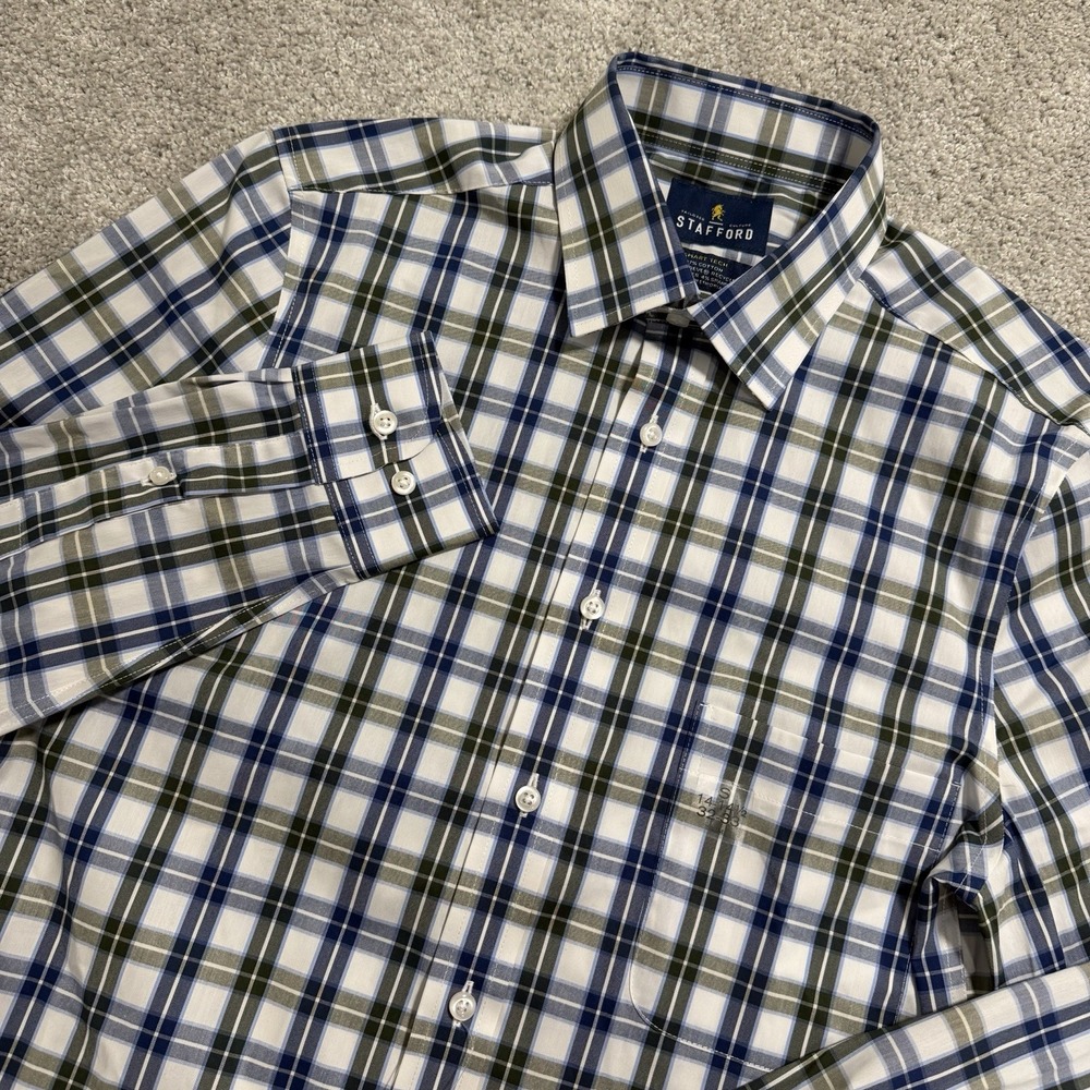 Stafford Smart Tech Dress Shirt Mens S 14-14.5 32-33 Green Blue Plaid Button Up